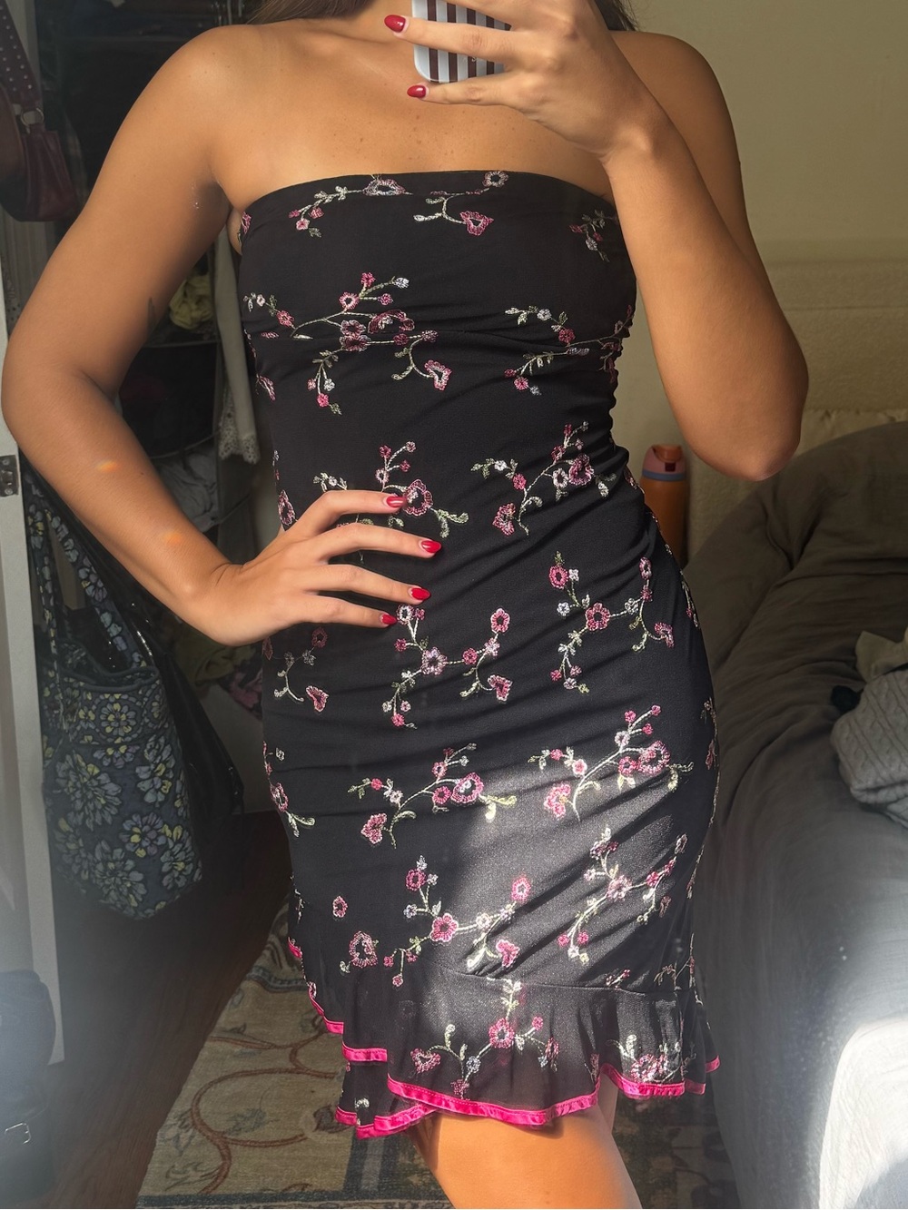 My Michelle Black Strapless Floral Ruffle Dress